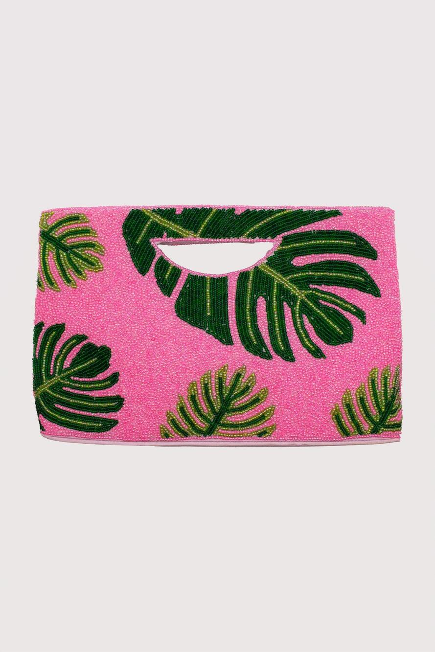 NEW PIZZAZZ women's palm leaf beaded clutch handbag in hot pink